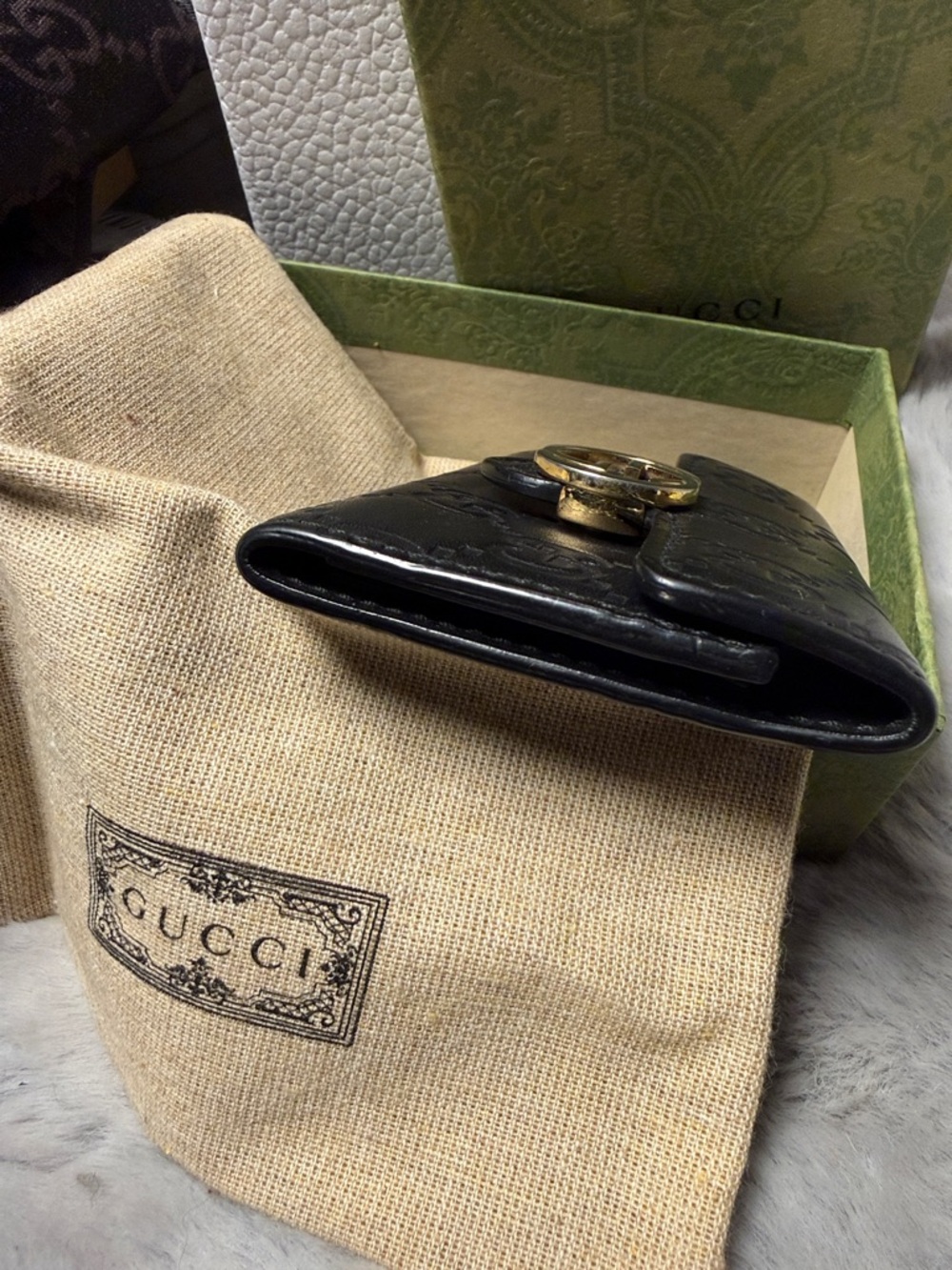 Gucci Black Embossed GG Card Case with Gold Interlocking G - Picture 5 of 10